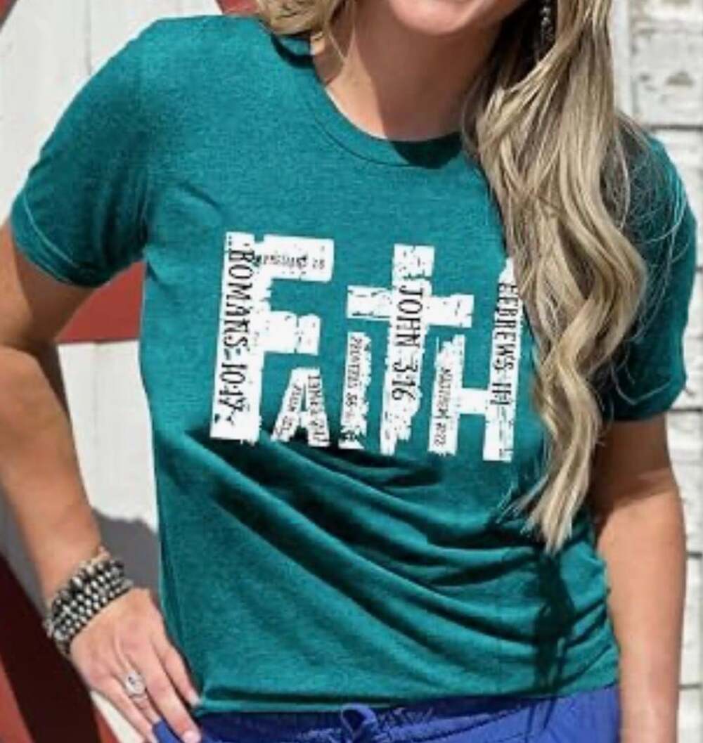 Faith Bible Verse Christian Cross Graphic T-Shirt Size S Teal